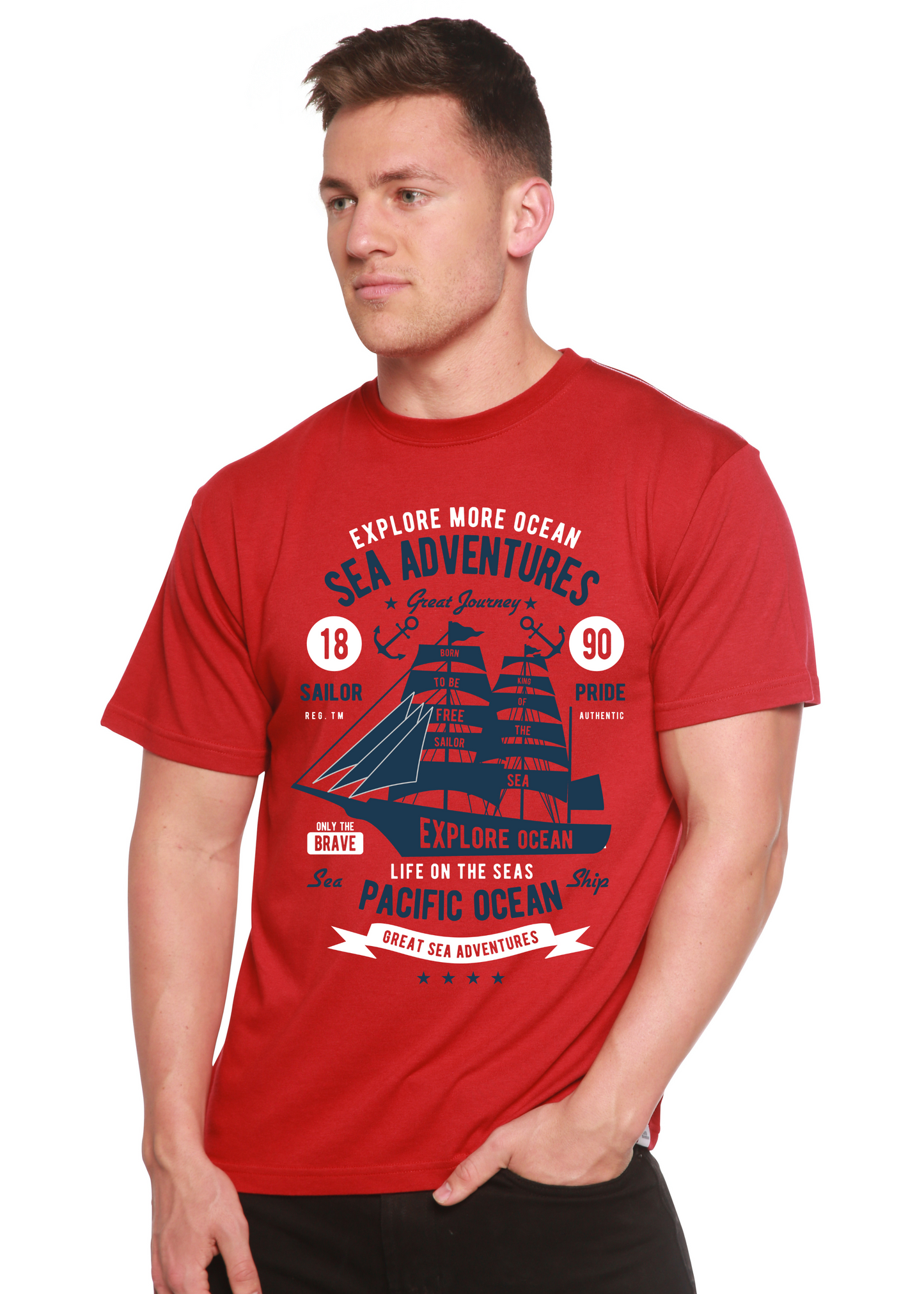Sea Adventures Spun Bamboo men's red short sleeve graphic tee with navy ship design on Tampa Home & Garden Store