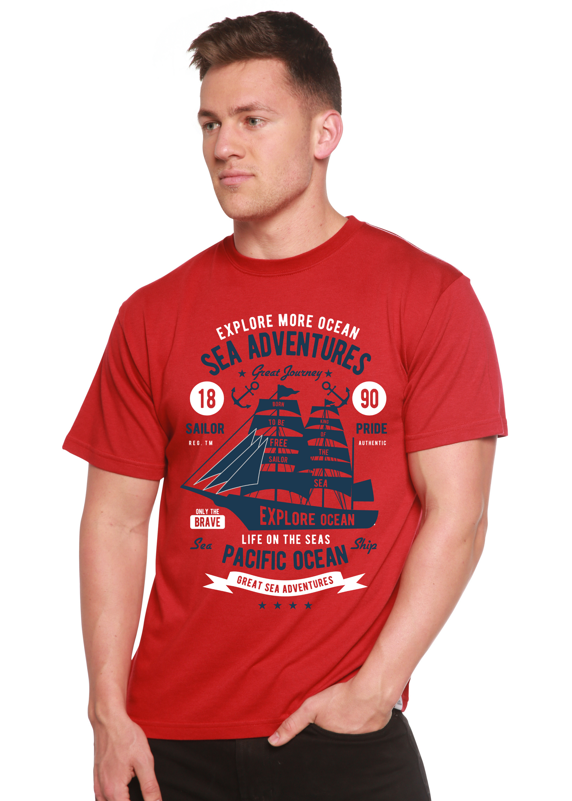 Sea Adventures Spun Bamboo men's red short sleeve graphic tee with navy ship design on Tampa Home & Garden Store