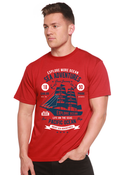 Sea Adventures Spun Bamboo men's red short sleeve graphic tee with navy ship design on Tampa Home & Garden Store