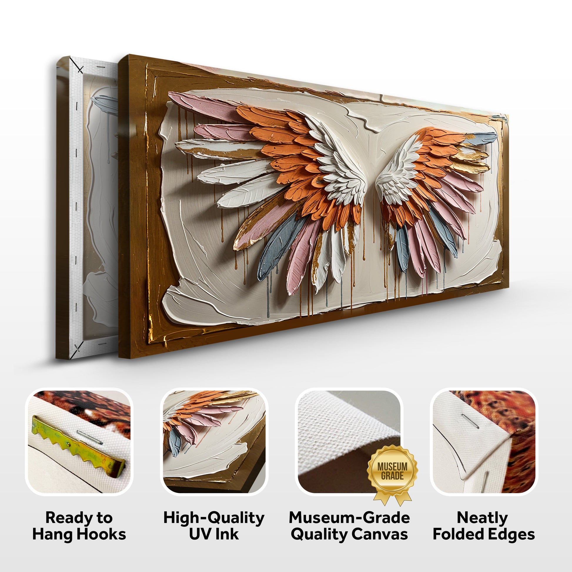 Angelic Wings Wall Art Canvas with pastel feathers in orange pink white on textured frame on Tampa Home & Garden Store