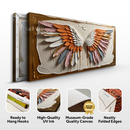 Angelic Wings Wall Art Canvas with pastel feathers in orange pink white on textured frame on Tampa Home & Garden Store