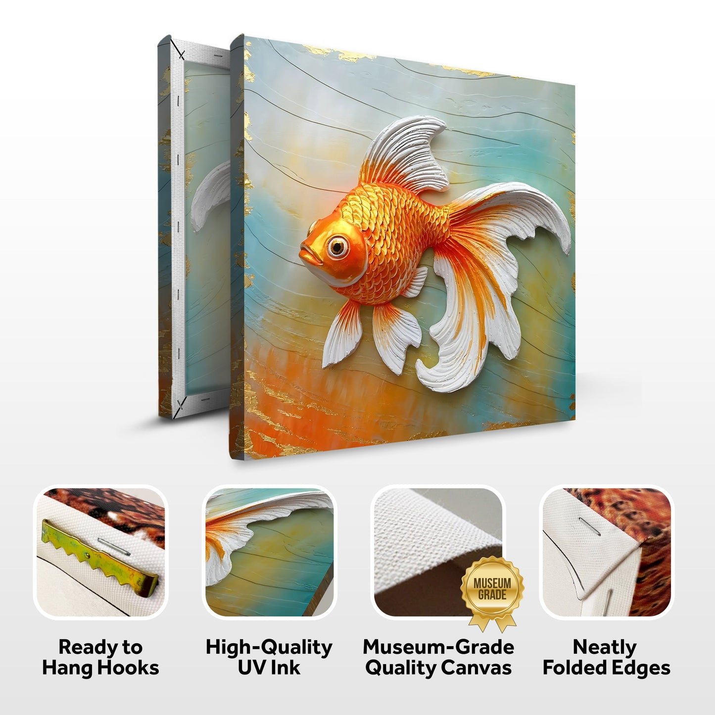 3D Goldfish Wall Art Canvas with a vivid orange goldfish on a teal background and gold accents on Tampa Home & Garden Store