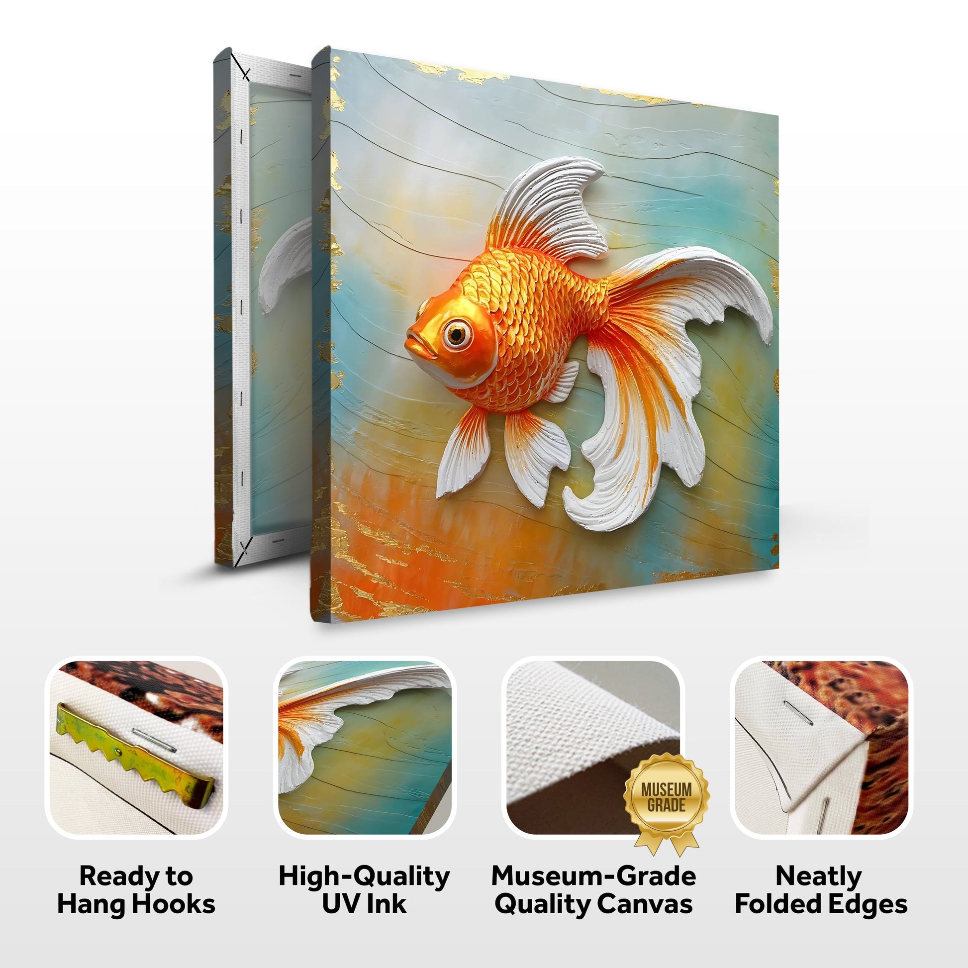 3D Goldfish Wall Art Canvas with a vivid orange goldfish on a teal background and gold accents on Tampa Home & Garden Store