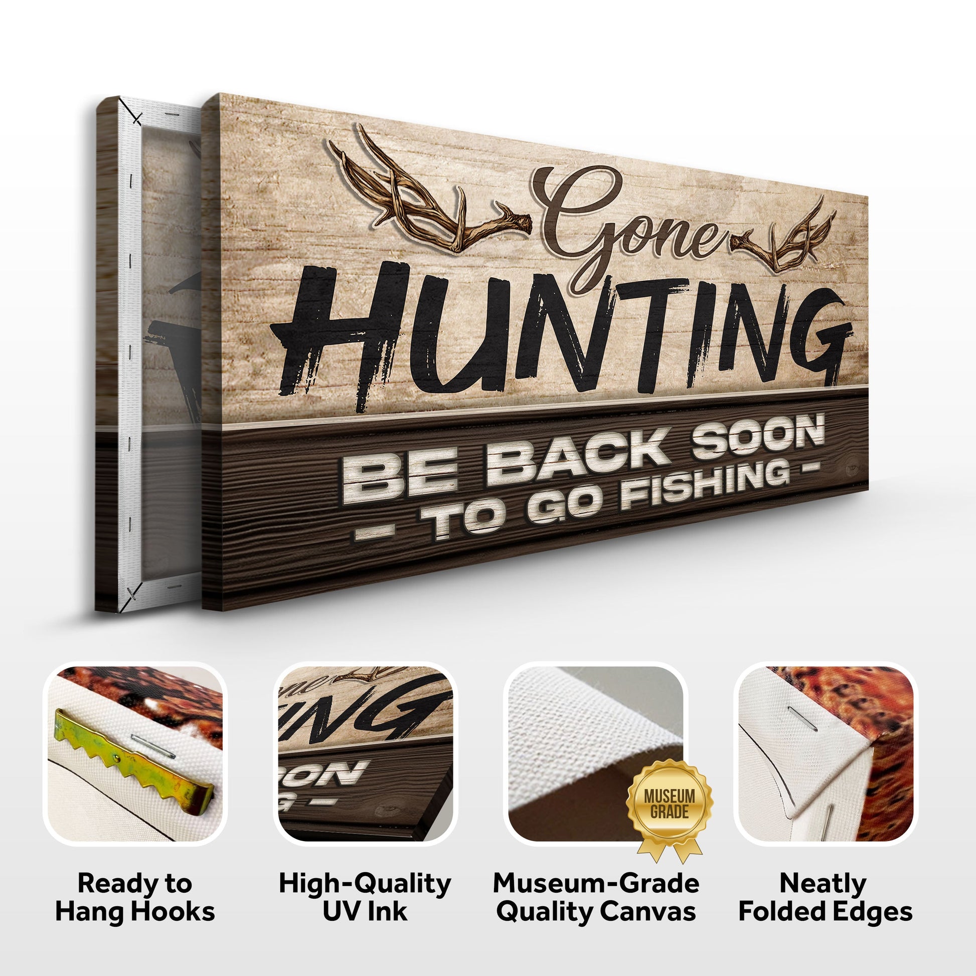 Gone Hunting Sign II crafting canvas by Tailored Canvases, rustic wood grain with antler accents on Tampa Home & Garden Store