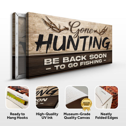 Gone Hunting Sign II crafting canvas by Tailored Canvases, rustic wood grain with antler accents on Tampa Home & Garden Store