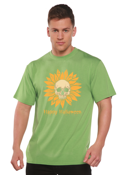 Men's green graphic tee with orange sunflower skull, bamboo viscose/organic cotton, Spun Bamboo on Tampa Home & Garden Store