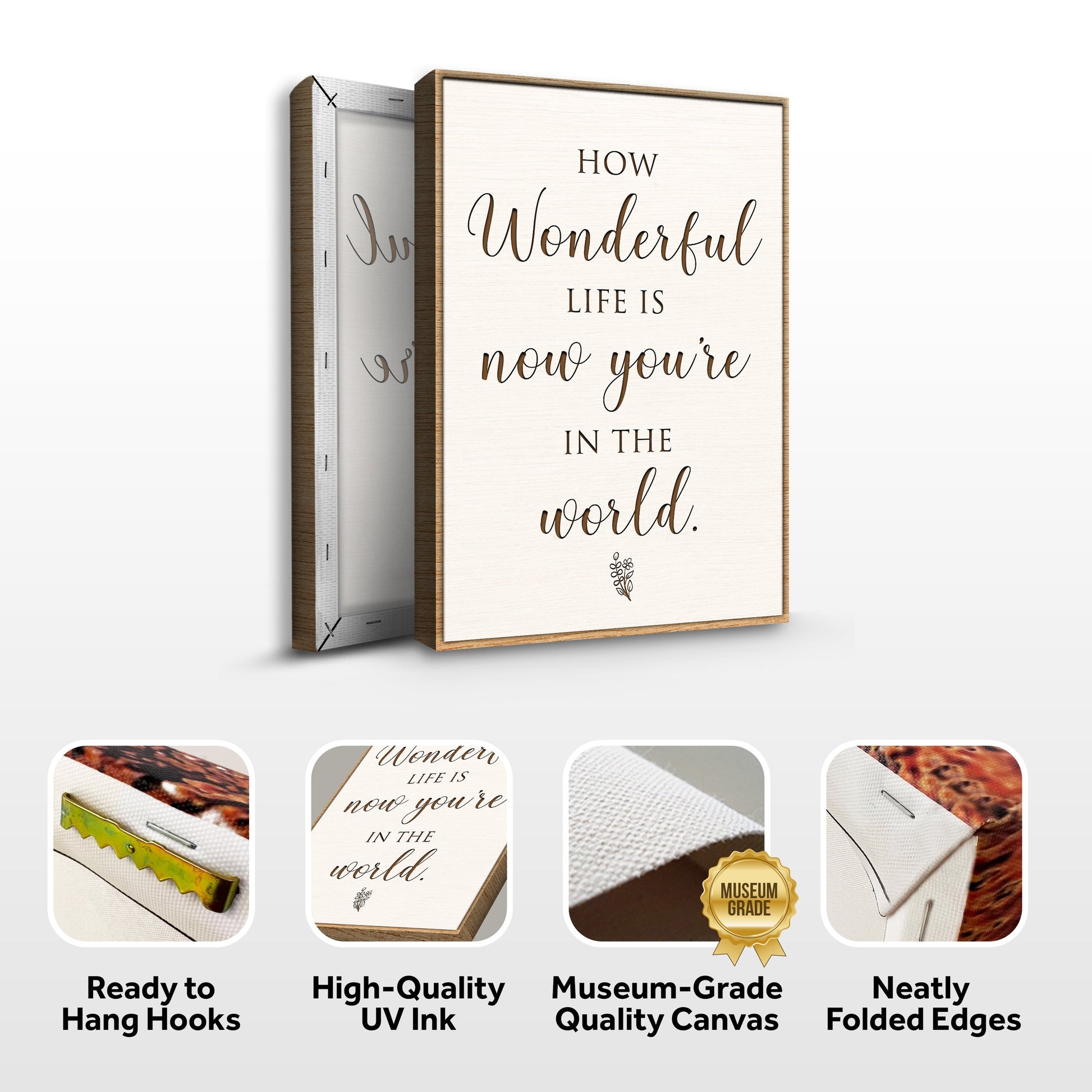 How Wonderful Life Is Nursery Sign II canvas by Tailored Canvases, ivory background with brown script, wood frame on Tampa Home & Garden Store