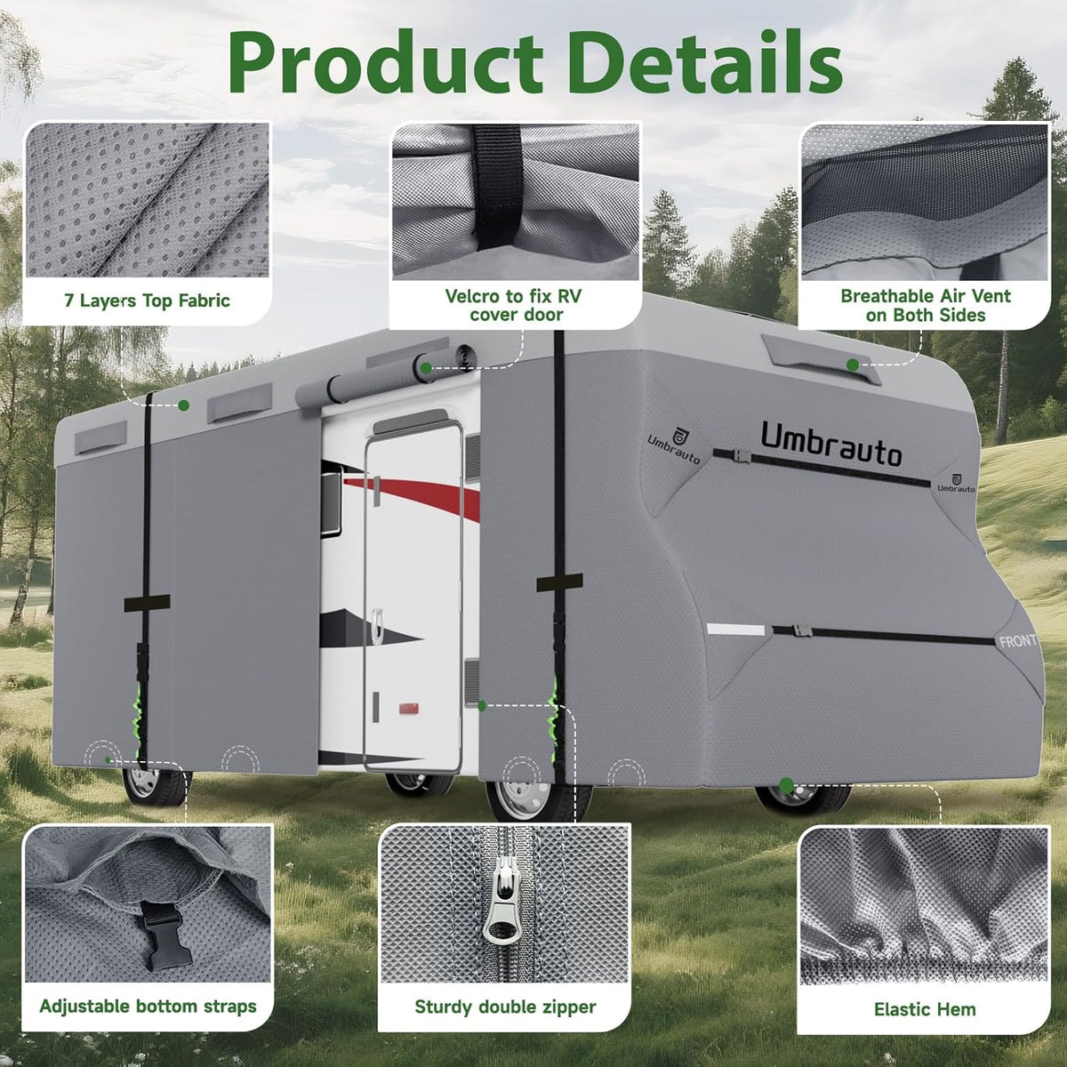 Umbrauto Class C RV cover in gray with 7-layer top fabric, Velcro door and breathable vents on Tampa Home & Garden Store