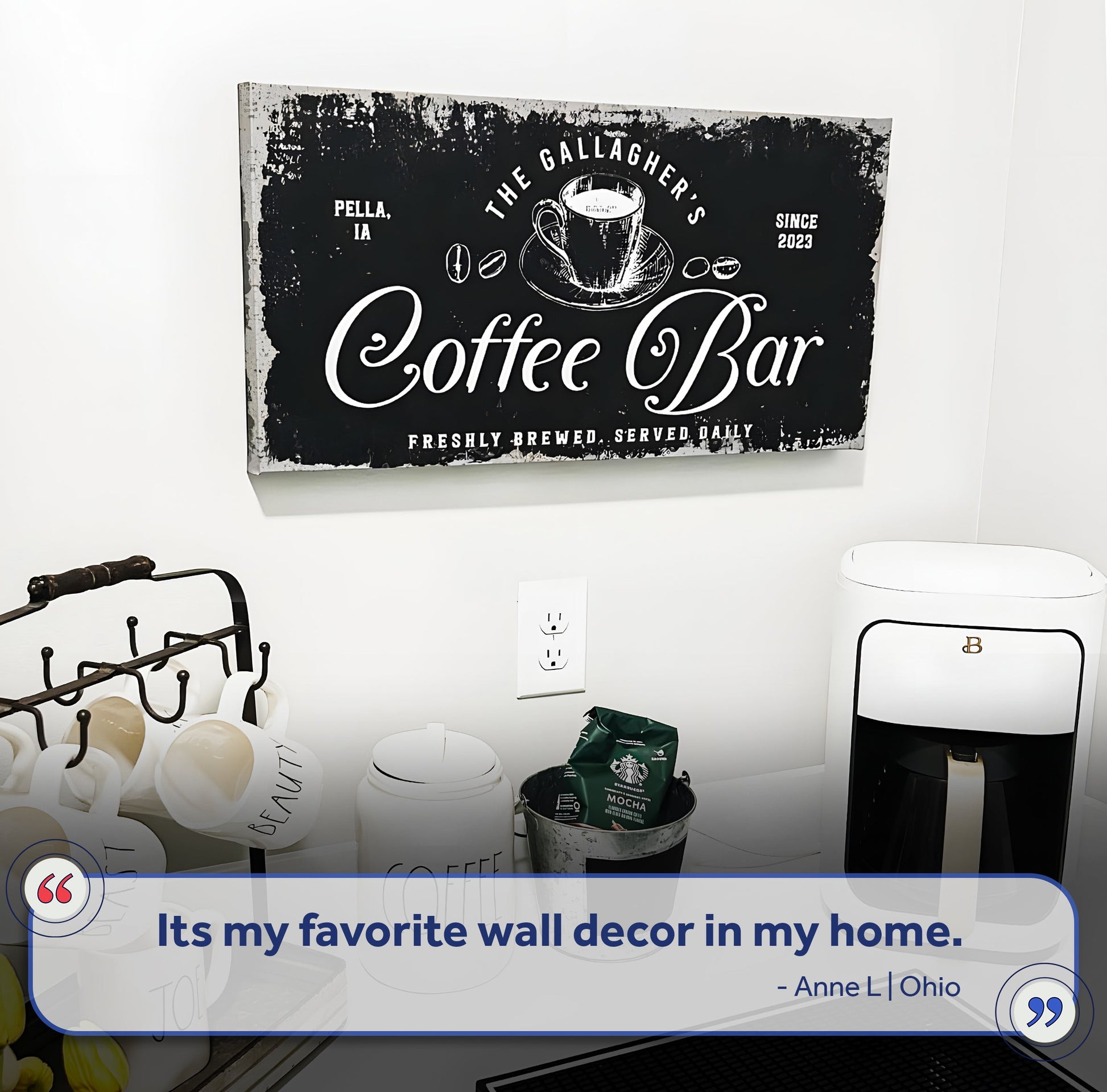 Coffee Bar Sign V canvas wall decor with distressed black background and white coffee cup on Tampa Home & Garden Store