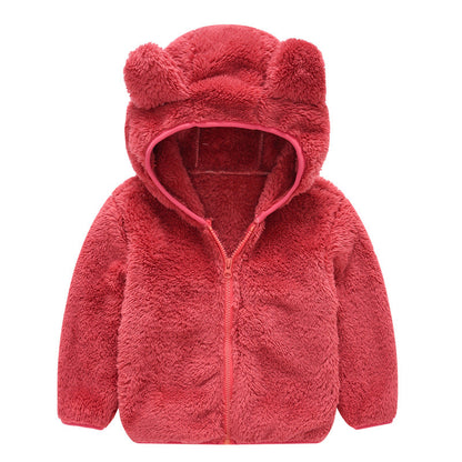 Stevvex baby fleece hoodie coat with bear ears in pink-red zip-up jacket on Tampa Home & Garden Store
