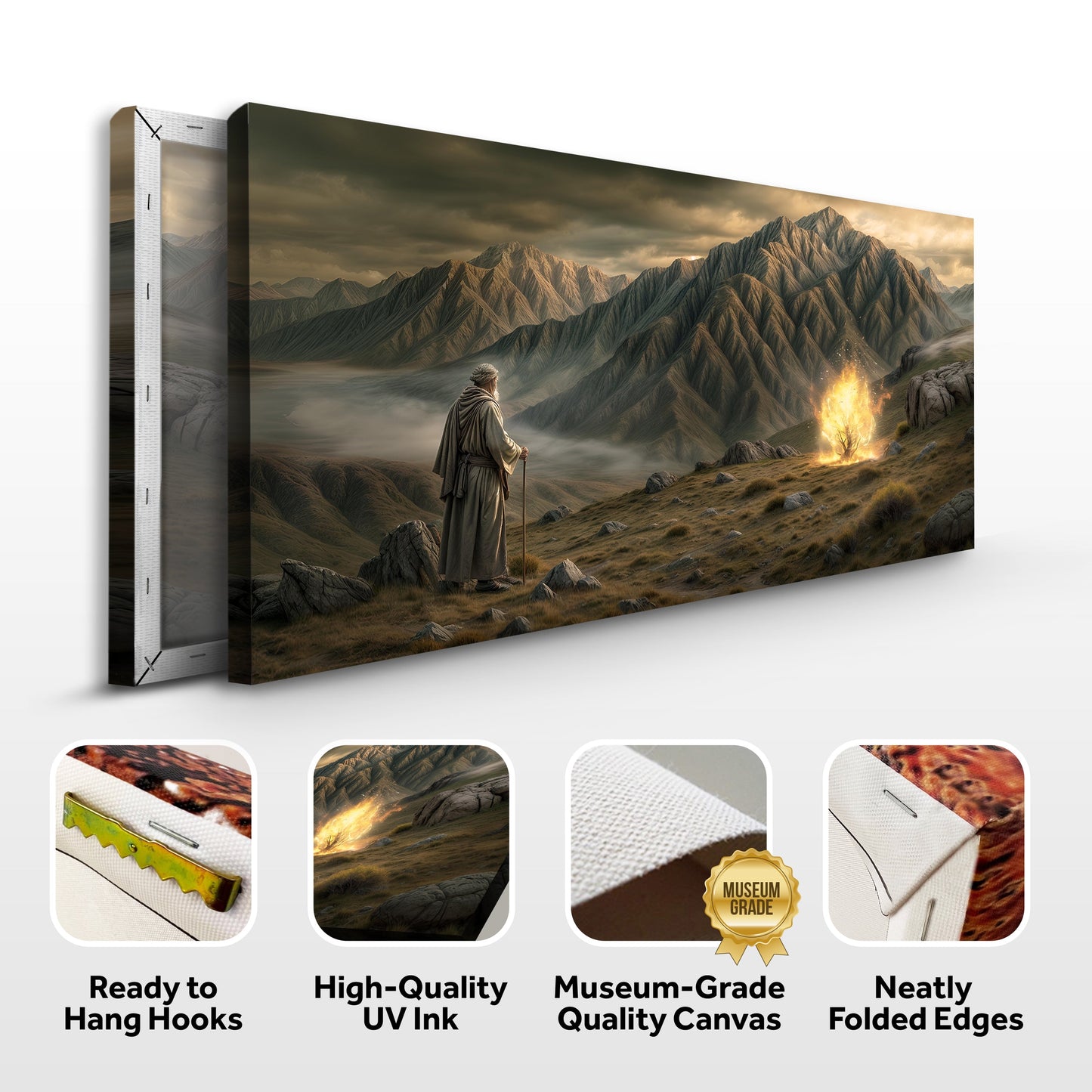 Burning Bush Faith Wall Art canvas by Tailored Canvases figure beside blazing bush amid mountains on Tampa Home & Garden Store