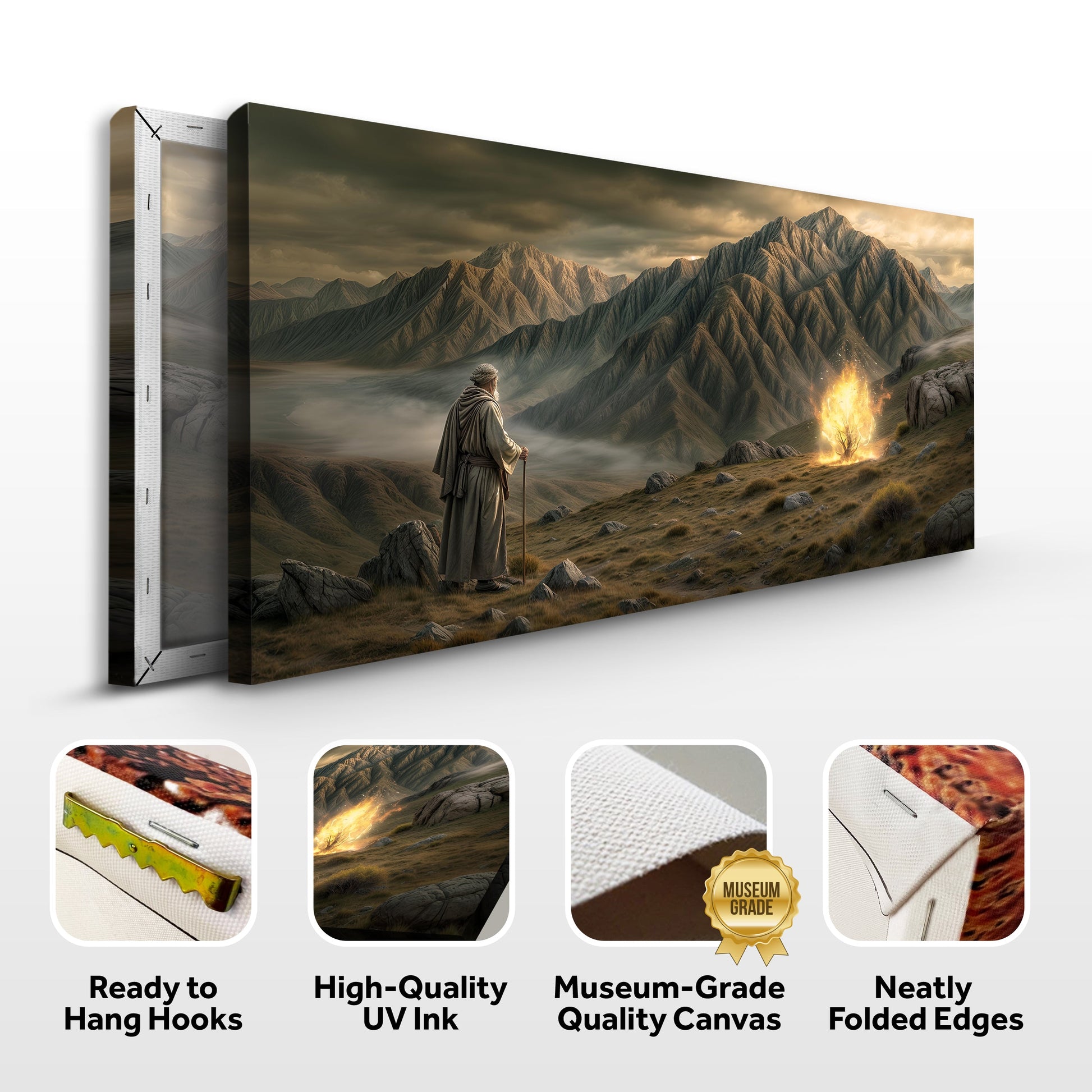 Burning Bush Faith Wall Art canvas by Tailored Canvases figure beside blazing bush amid mountains on Tampa Home & Garden Store