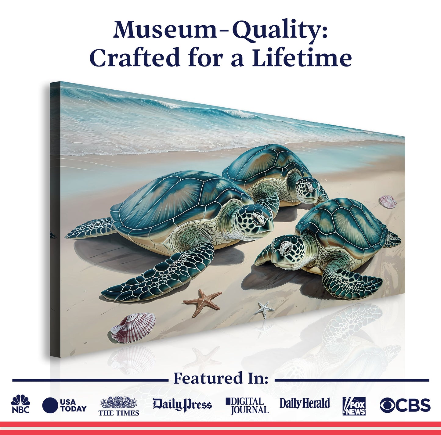 3D Coastal Wall Art III canvas by Tailored Canvases featuring sea turtles on a sandy beach on Tampa Home & Garden Store