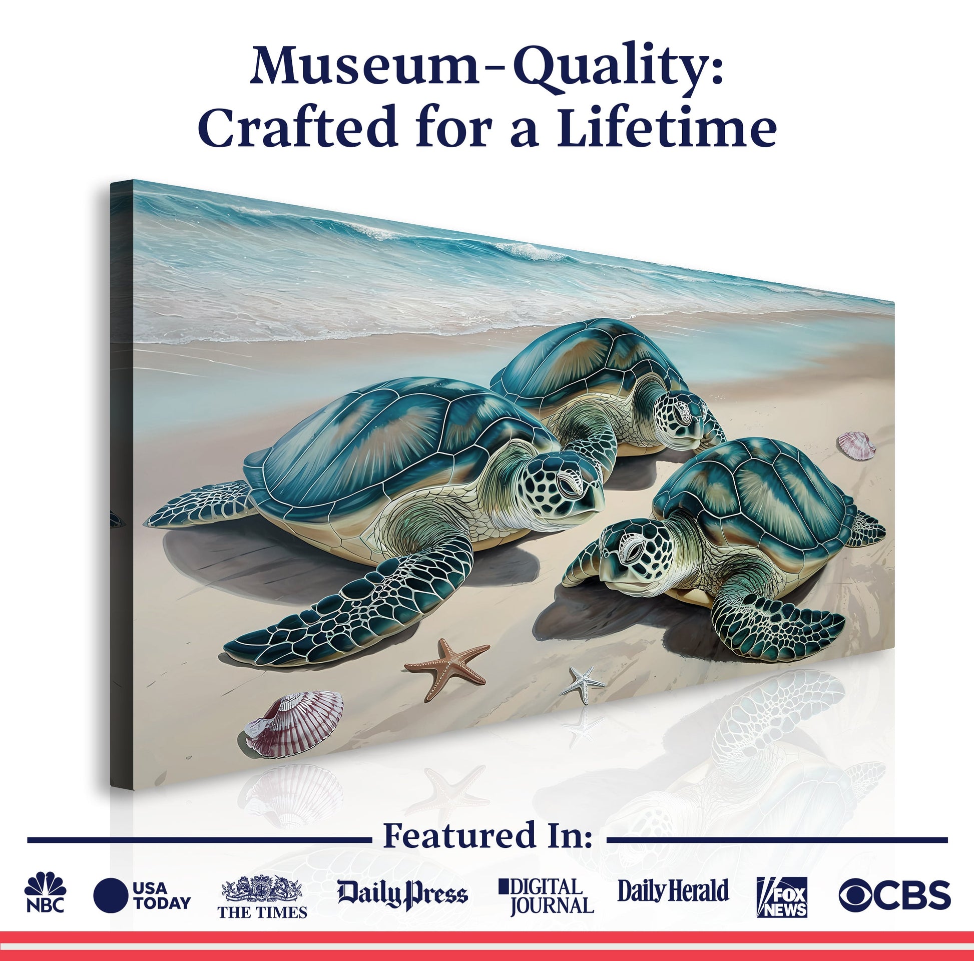3D Coastal Wall Art III canvas by Tailored Canvases featuring sea turtles on a sandy beach on Tampa Home & Garden Store