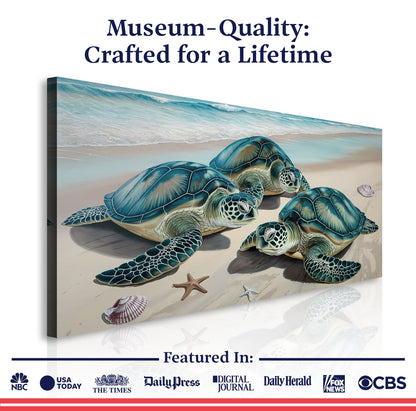3D Coastal Wall Art III canvas by Tailored Canvases featuring sea turtles on a sandy beach on Tampa Home & Garden Store