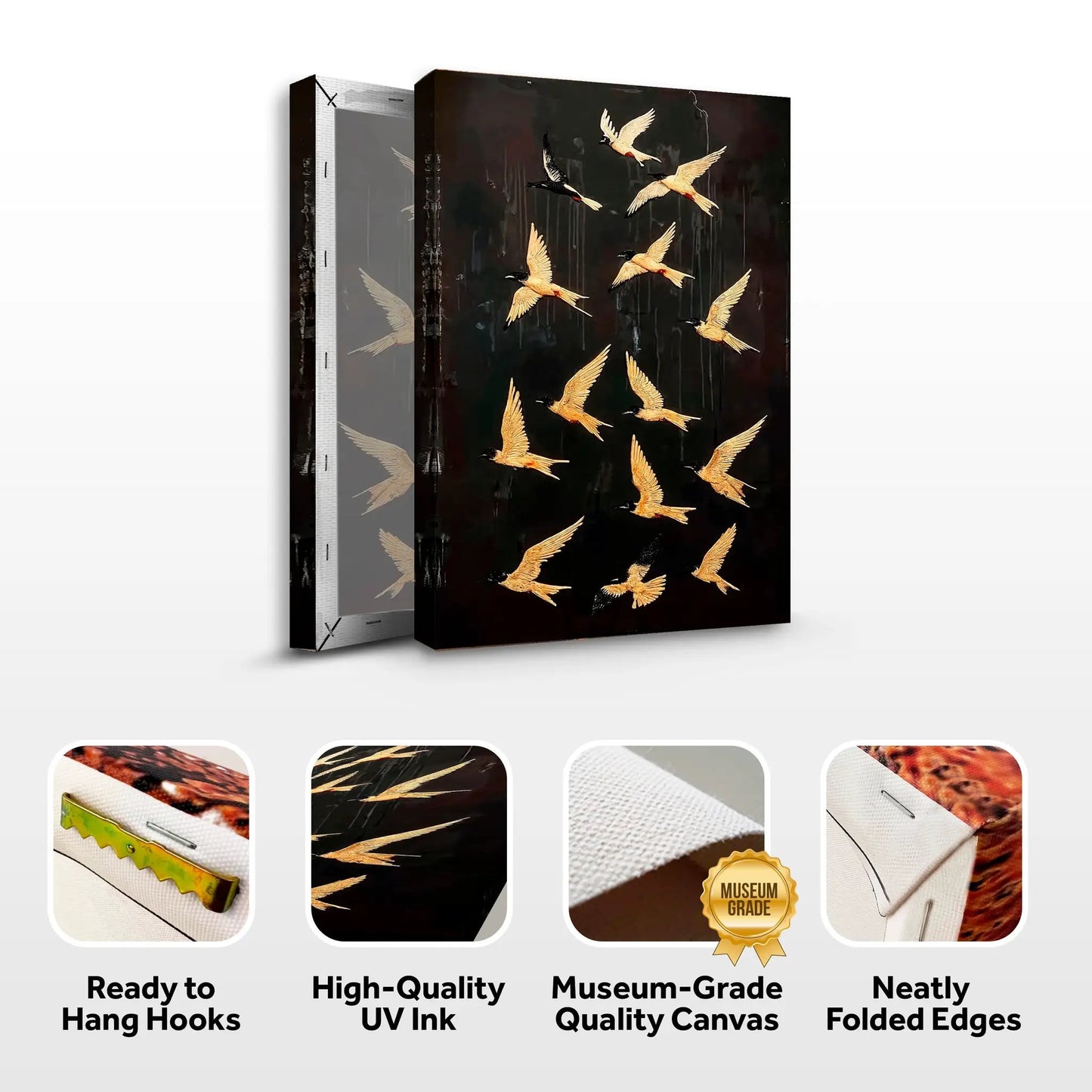 Abstract Flying Swallow Wall Art canvas, golden birds on dark background Tailored Canvases on Tampa Home & Garden Store