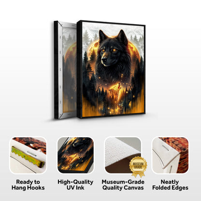 Eclipse of the Alpha Wolf canvas framed in black with fiery moon over forest Tailored Canvases on Tampa Home & Garden Store
