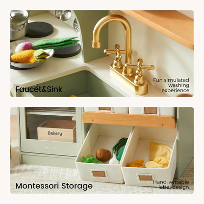 Tiny Land INC wooden play kitchen with brass faucet, green cabinetry and storage bins on Tampa Home & Garden Store