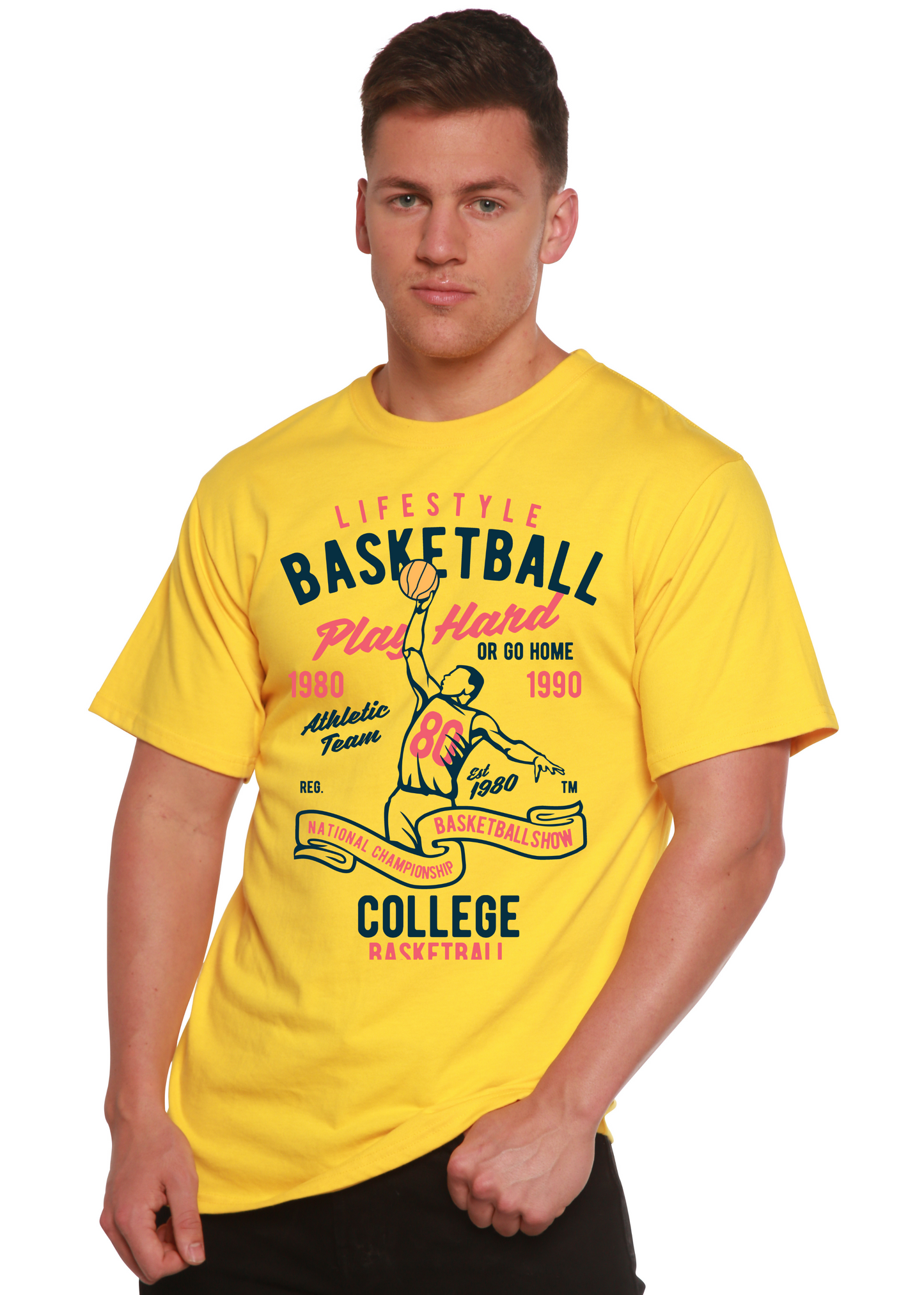 Life Style Basketball men's bamboo viscose organic cotton graphic tee yellow with navy basketball on Tampa Home & Garden Store