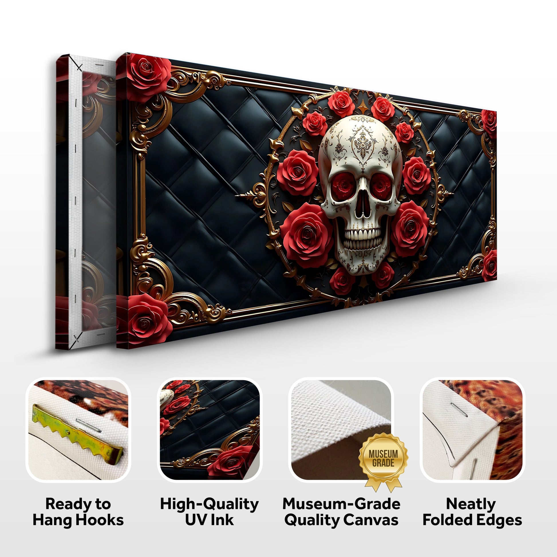 3D Rose and Skull canvas by Tailored Canvases; ornate gold frame, red roses, skull motif on Tampa Home & Garden Store
