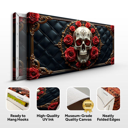 3D Rose and Skull canvas by Tailored Canvases; ornate gold frame, red roses, skull motif on Tampa Home & Garden Store