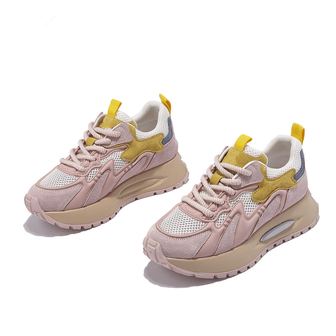 Stevvex women's pink beige chunky sneakers with yellow accents, breathable mesh, platform sole on Tampa Home & Garden Store