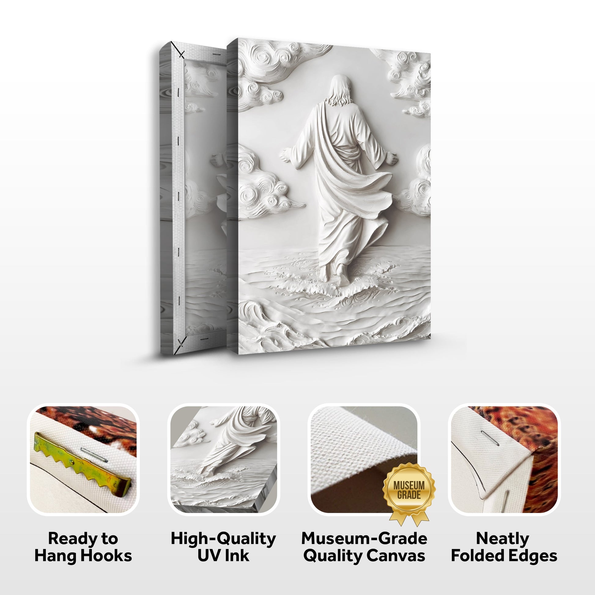3D Minimalist Jesus Walking on Water Canvas Art Tailored Canvases, white relief among clouds on Tampa Home & Garden Store