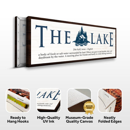 The Definition of Lake Sign II canvas with dark wood frame and navy LAKE on white planks on Tampa Home & Garden Store