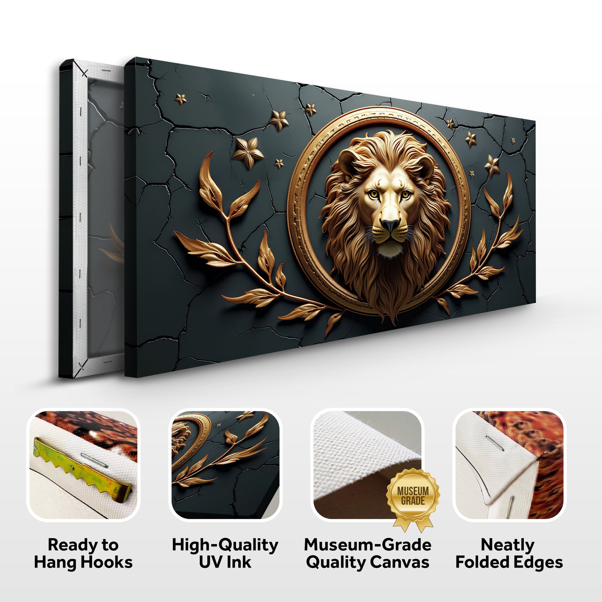 3D Majestic Lion Wall Art canvas by Tailored Canvases, gold circular frame on teal background on Tampa Home & Garden Store
