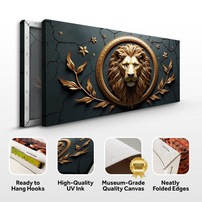 3D Majestic Lion Wall Art canvas by Tailored Canvases, gold circular frame on teal background on Tampa Home & Garden Store