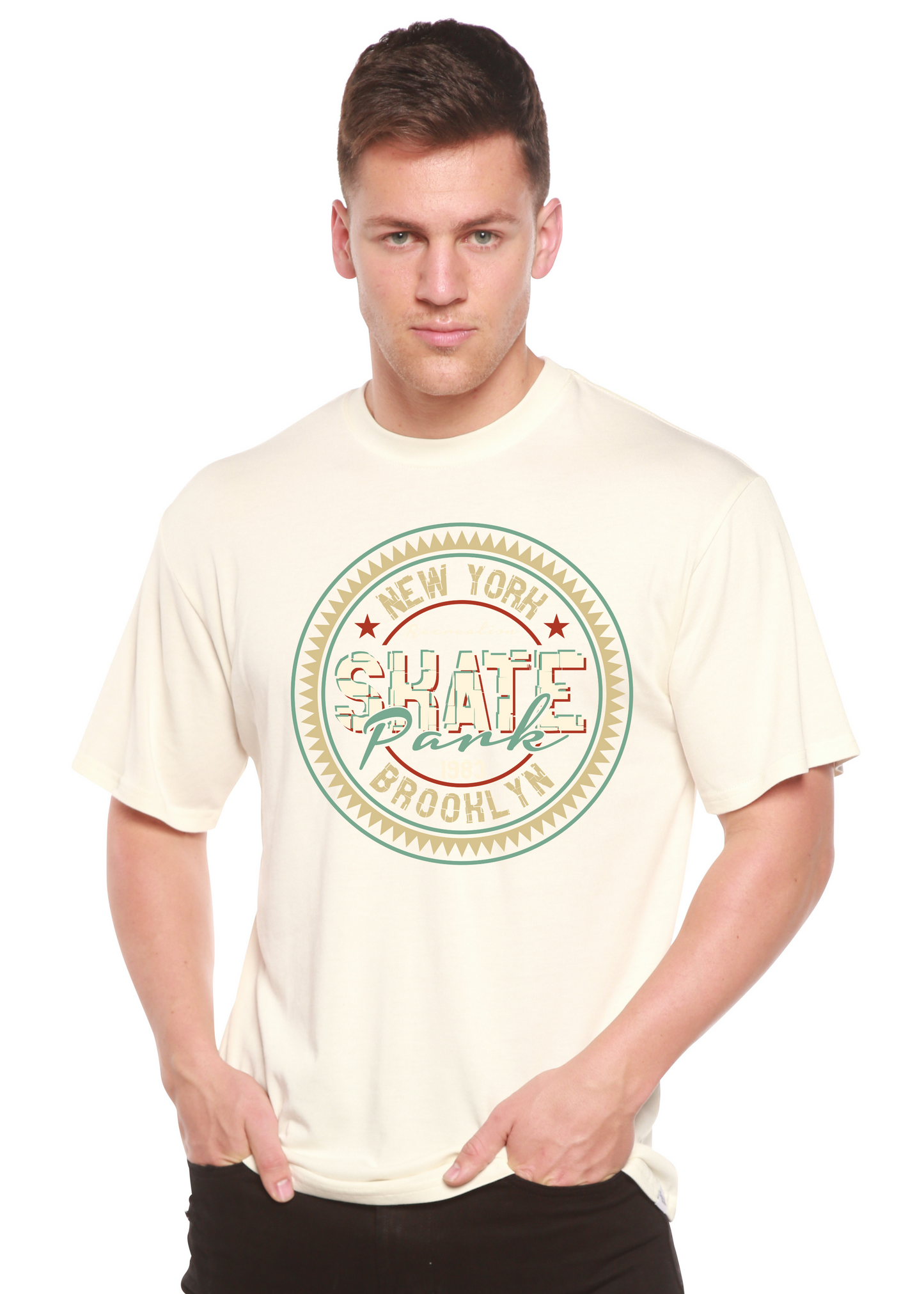 New York Skate Park men's tee with circular badge logo Spun Bamboo bamboo viscose cotton on Tampa Home & Garden Store