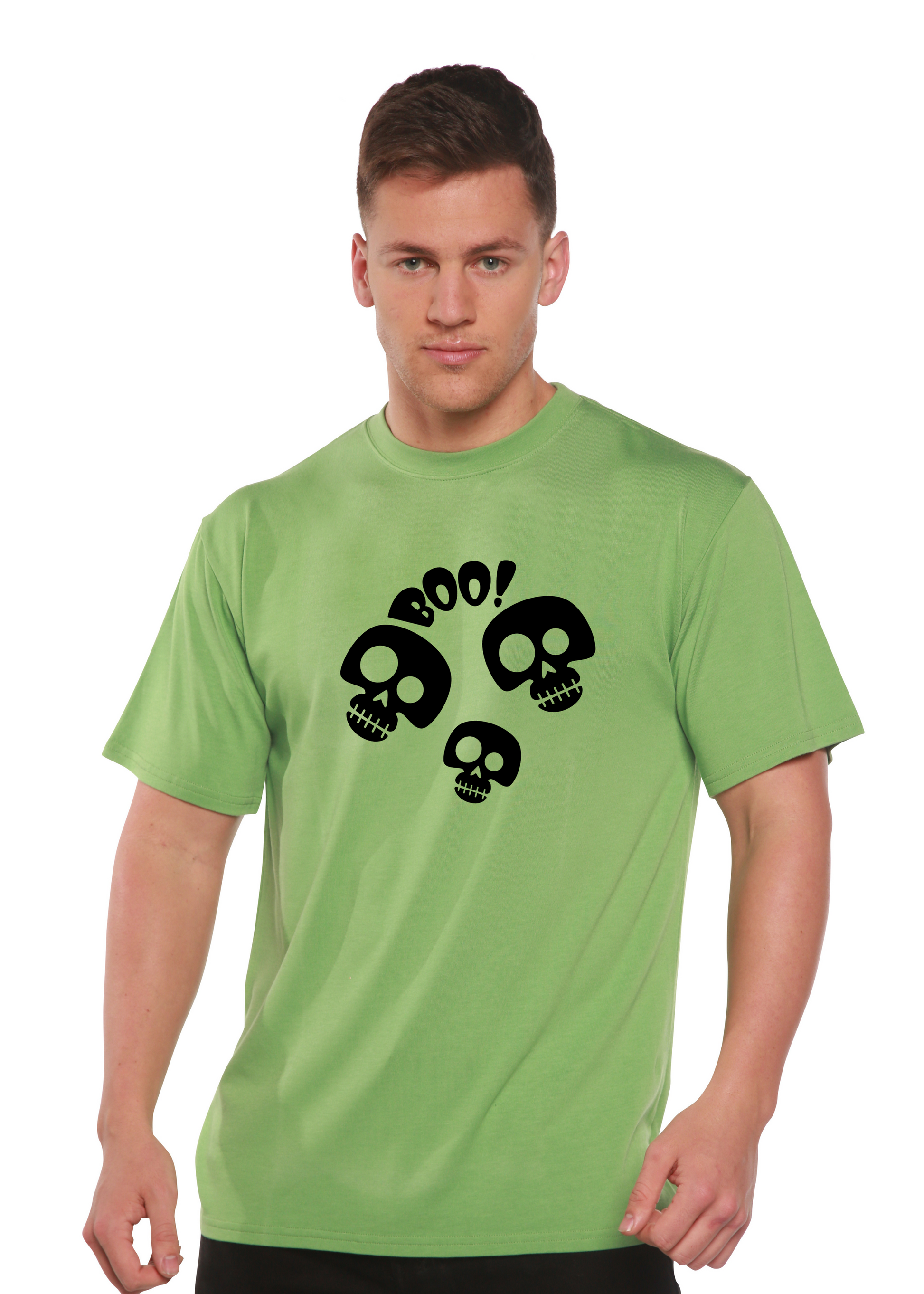 Halloween Boo unisex bamboo viscose organic cotton graphic T-shirt lime green with skulls on Tampa Home & Garden Store