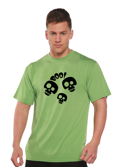 Halloween Boo unisex bamboo viscose organic cotton graphic T-shirt lime green with skulls on Tampa Home & Garden Store