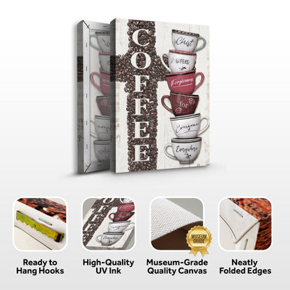 Our COFFEE Faith Sign IV canvas by Tailored Canvases; wood backdrop with stacked coffee mugs on Tampa Home & Garden Store