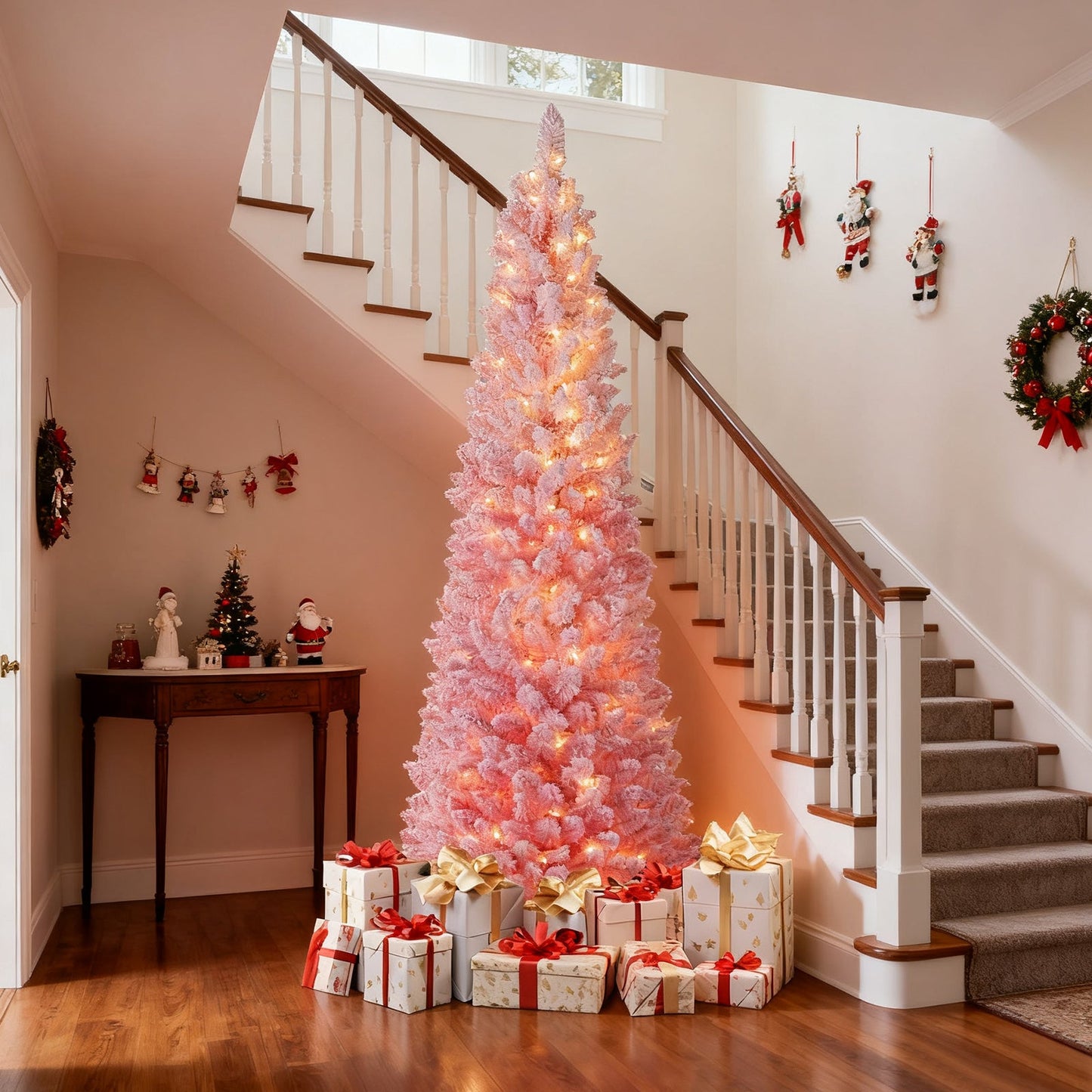6 ft pink snow-flocked pre-lit artificial Christmas tree with warm LED lights in foyer on Tampa Home & Garden Store