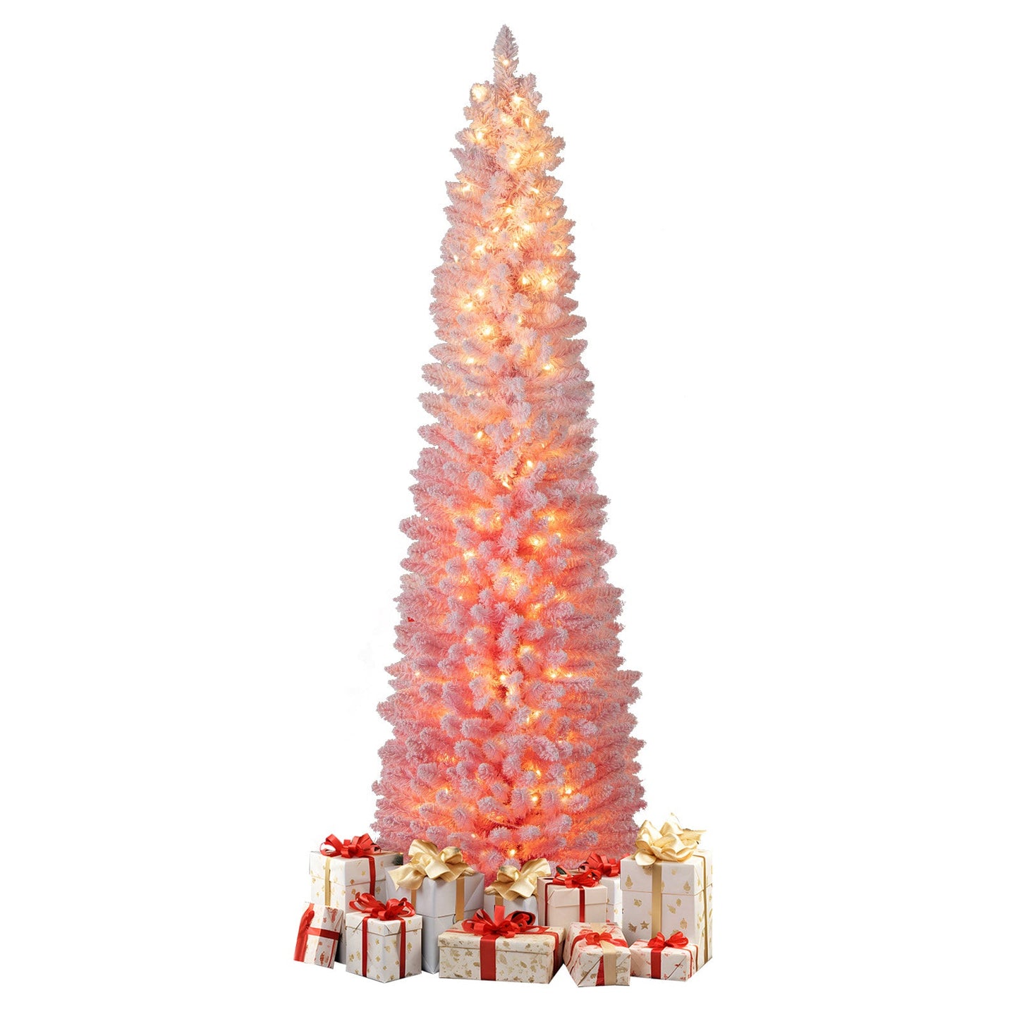 6 ft pink snow-flocked artificial Christmas tree, pre-lit with warm white LEDs, gifts at base on Tampa Home & Garden Store