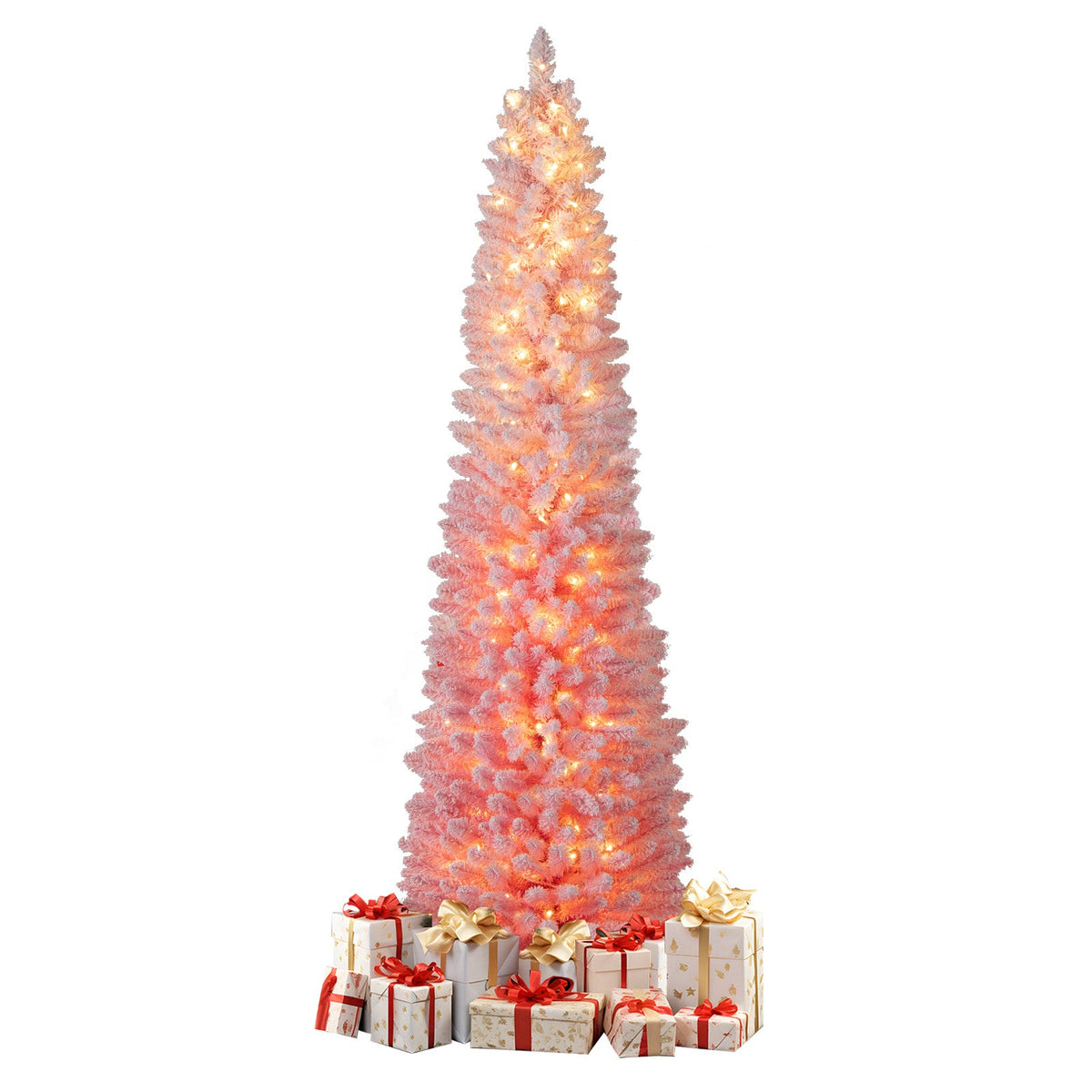 6 ft pink snow-flocked artificial Christmas tree, pre-lit with warm white LEDs, gifts at base on Tampa Home & Garden Store