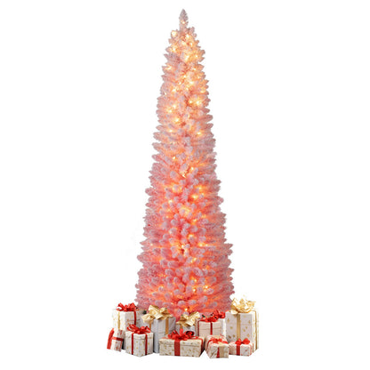 6 ft pink snow-flocked artificial Christmas tree, pre-lit with warm white LEDs, gifts at base on Tampa Home & Garden Store