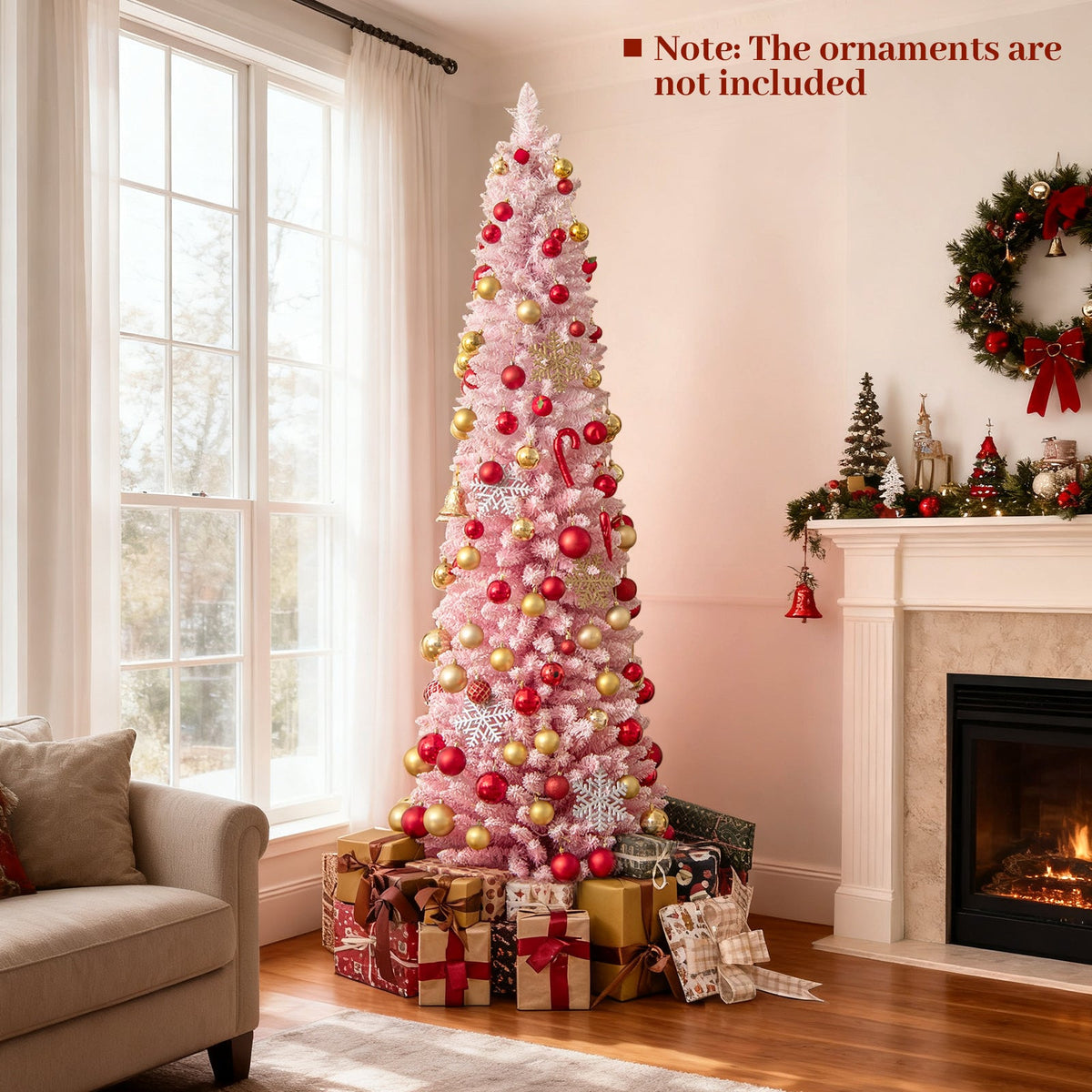 6 ft pink snow-flocked artificial Christmas tree with pre-lit hinged branches and red gold ornaments on Tampa Home & Garden Store