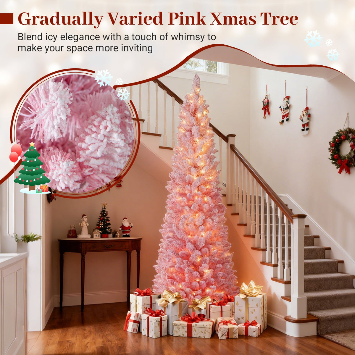 6 ft DirectDeals pink snow-flocked artificial Christmas tree, pre-lit and hinged, in a foyer on Tampa Home & Garden Store