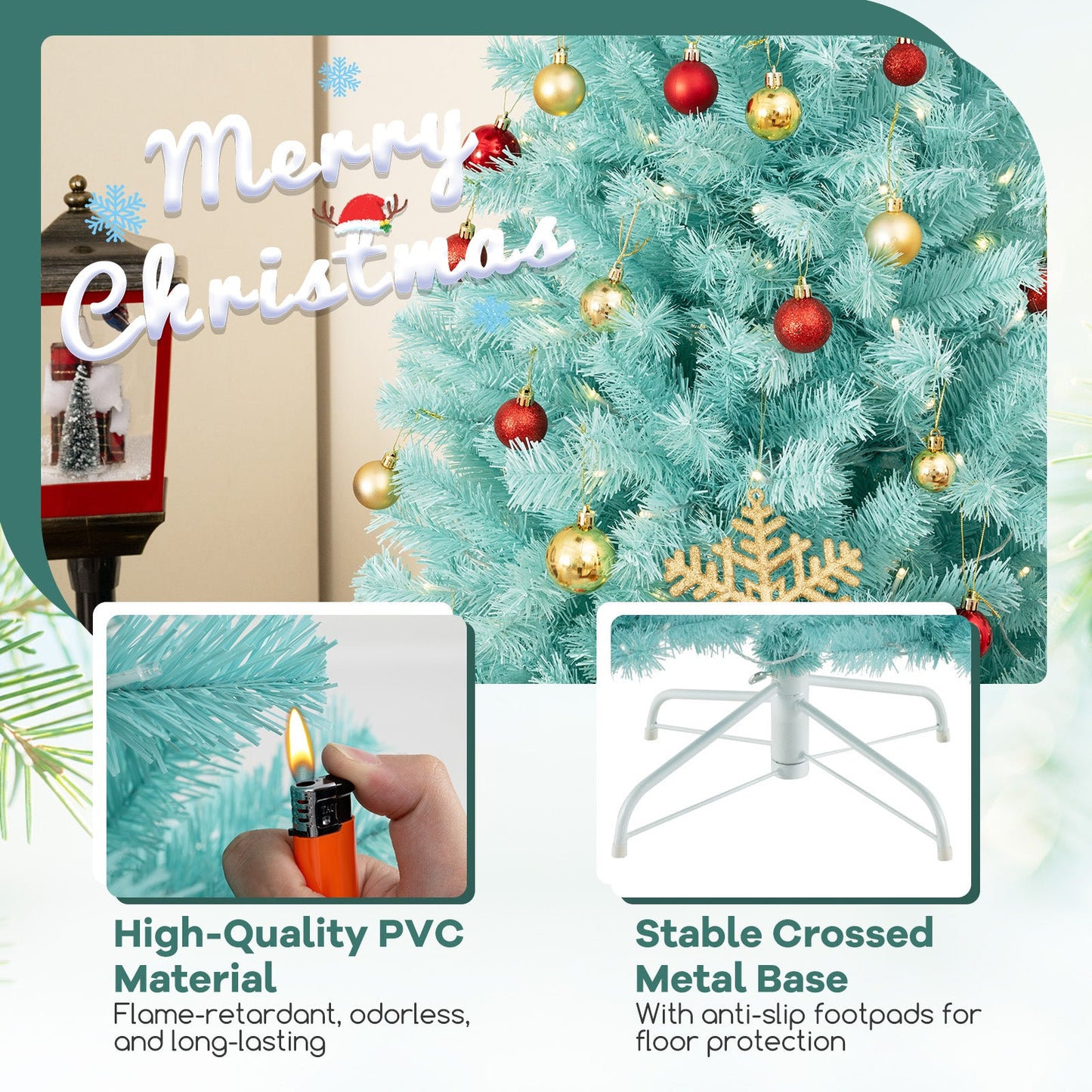 6/7 FT Blue Artificial Christmas Tree with 280/380 Warm White LED Lights and Foldable Metal Stand-7 ft