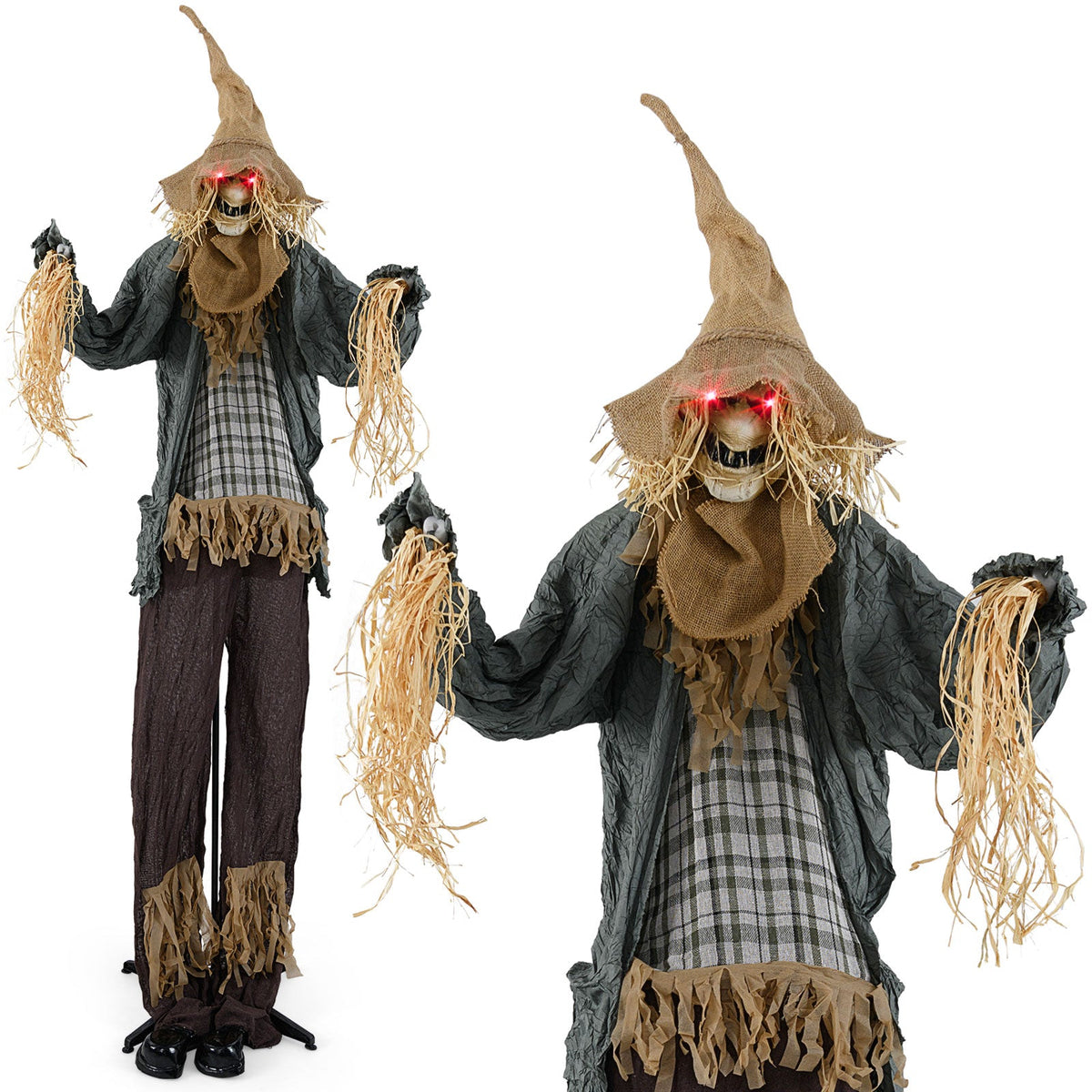 2 7 ft Halloween animated standing scarecrows with light-up red eyes burlap hats DirectDeals on Tampa Home & Garden Store