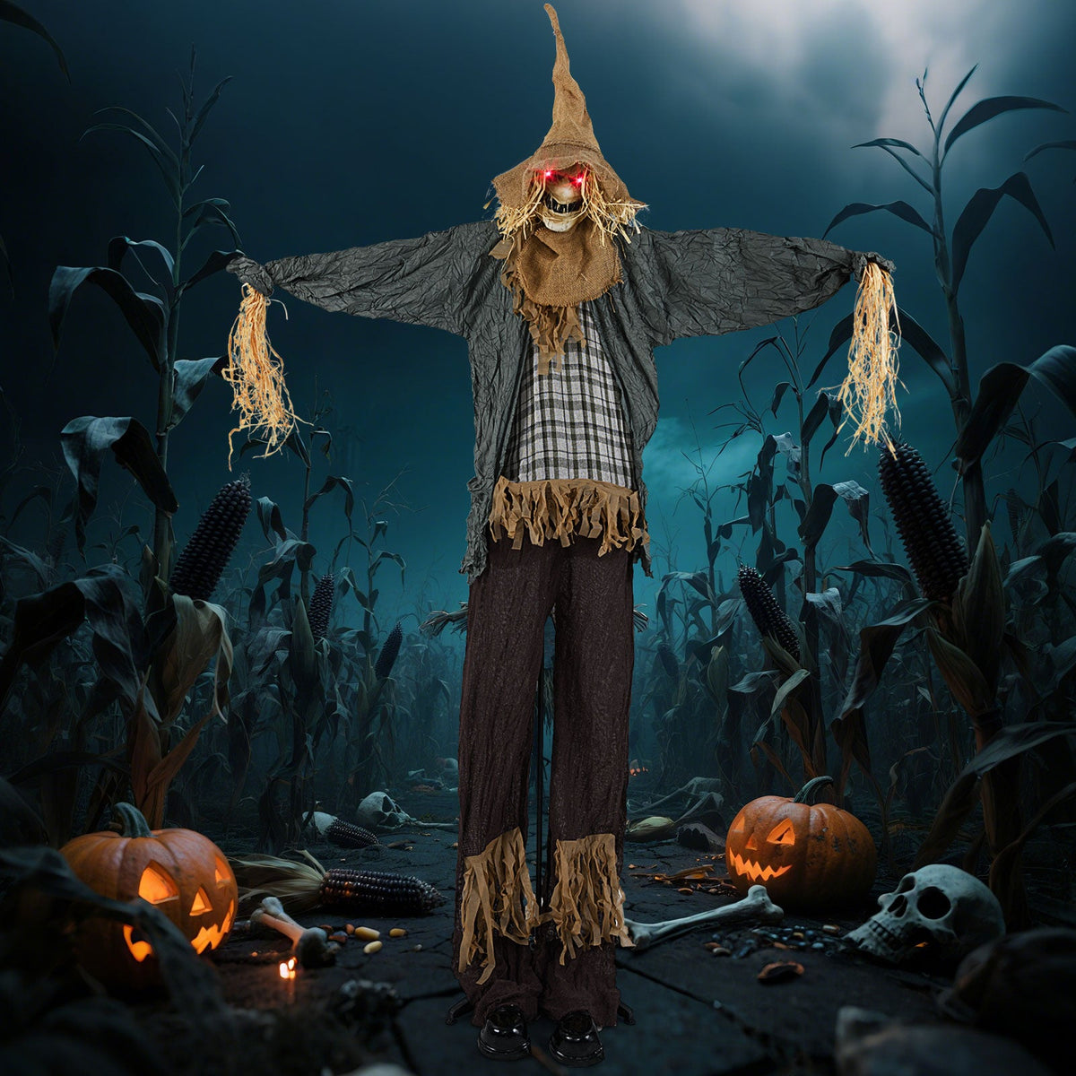 7 ft Halloween animated scarecrow with light-up red eyes in burlap hood and plaid shirt in a dark cornfield on Tampa Home & Garden Store