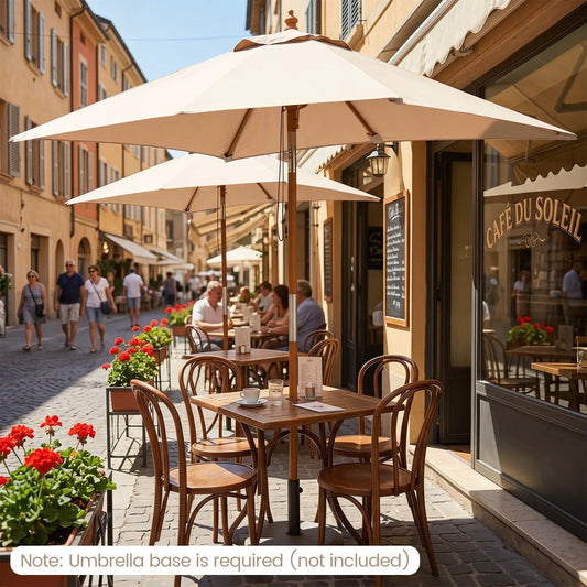 Rectangular 7ft DirectDeals patio umbrella with adjustable tilt over wooden café tables on Tampa Home & Garden Store