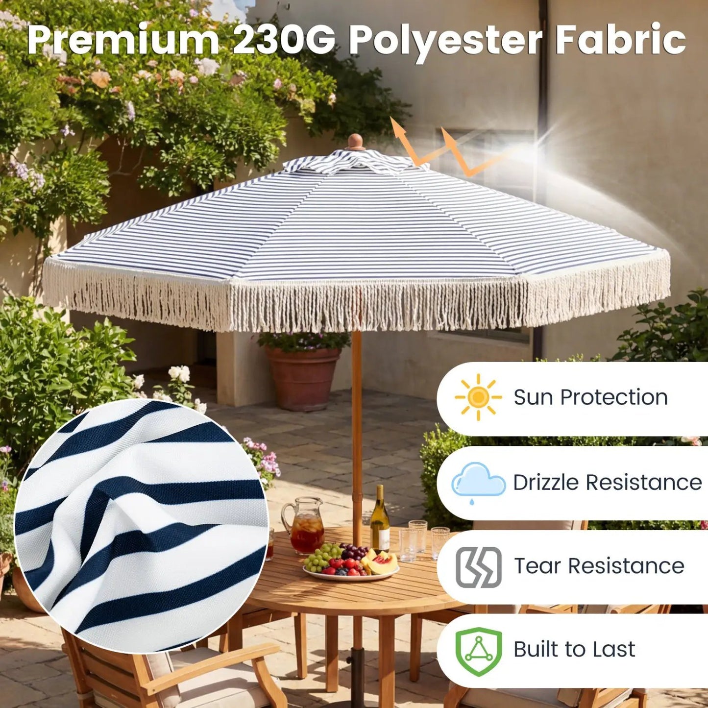 Boho Fringe Patio Umbrella with Tassel Canopy