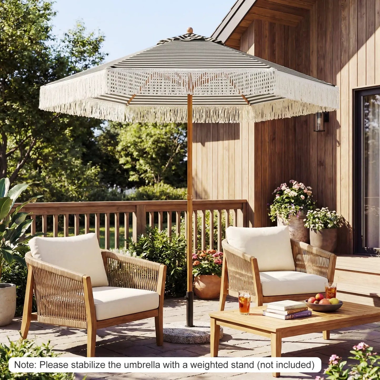 Boho Fringe Patio Umbrella with Tassel Canopy