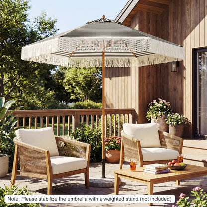 Boho Fringe Patio Umbrella with Tassel Canopy