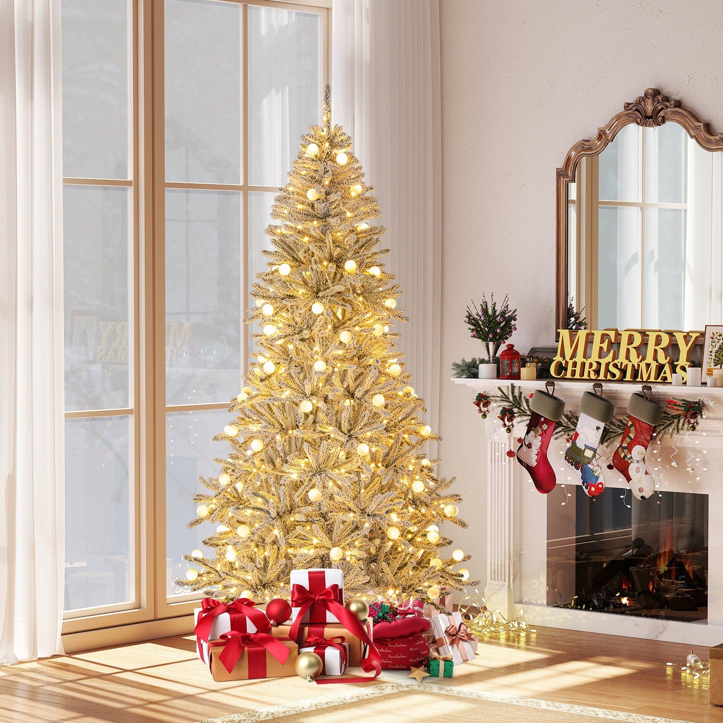 6 Feet Snow-flocked Artificial Christmas Tree Pre-lit Hinged with 81 Sphere Lights and Remote