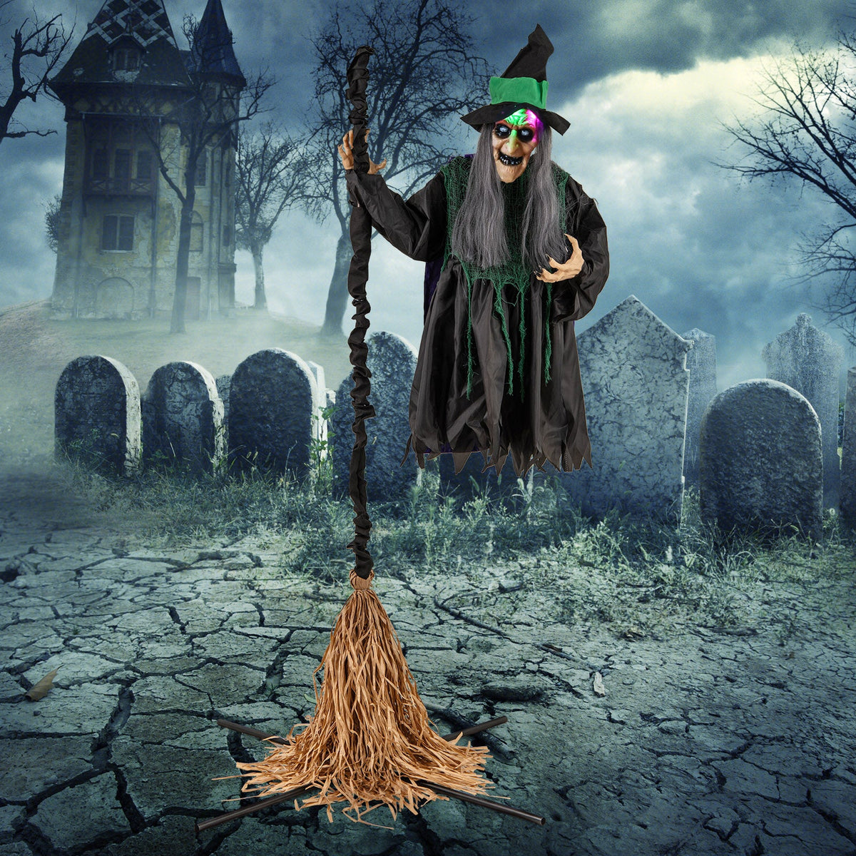 7 Feet Witch on Broom Animatronic with LED Lights by DirectDeals; black robe, green hat on Tampa Home & Garden Store