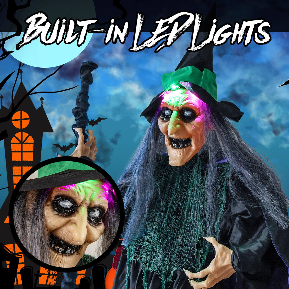 7 Feet Witch on Broom Halloween Animatronic with LED Lights, sound-activated DirectDeals figure on Tampa Home & Garden Store